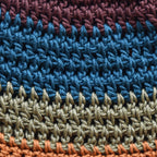 Close-up of a crocheted hat with a multicolored striped pattern.