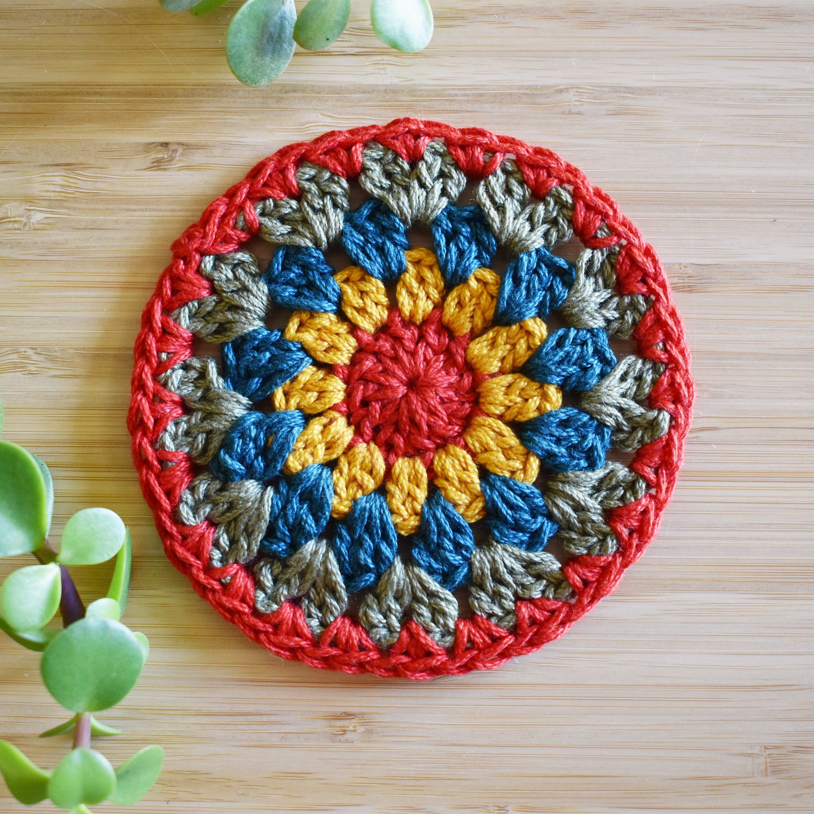 Colorful crocheted granny sunburst coaster on a wooden surface with green plants.