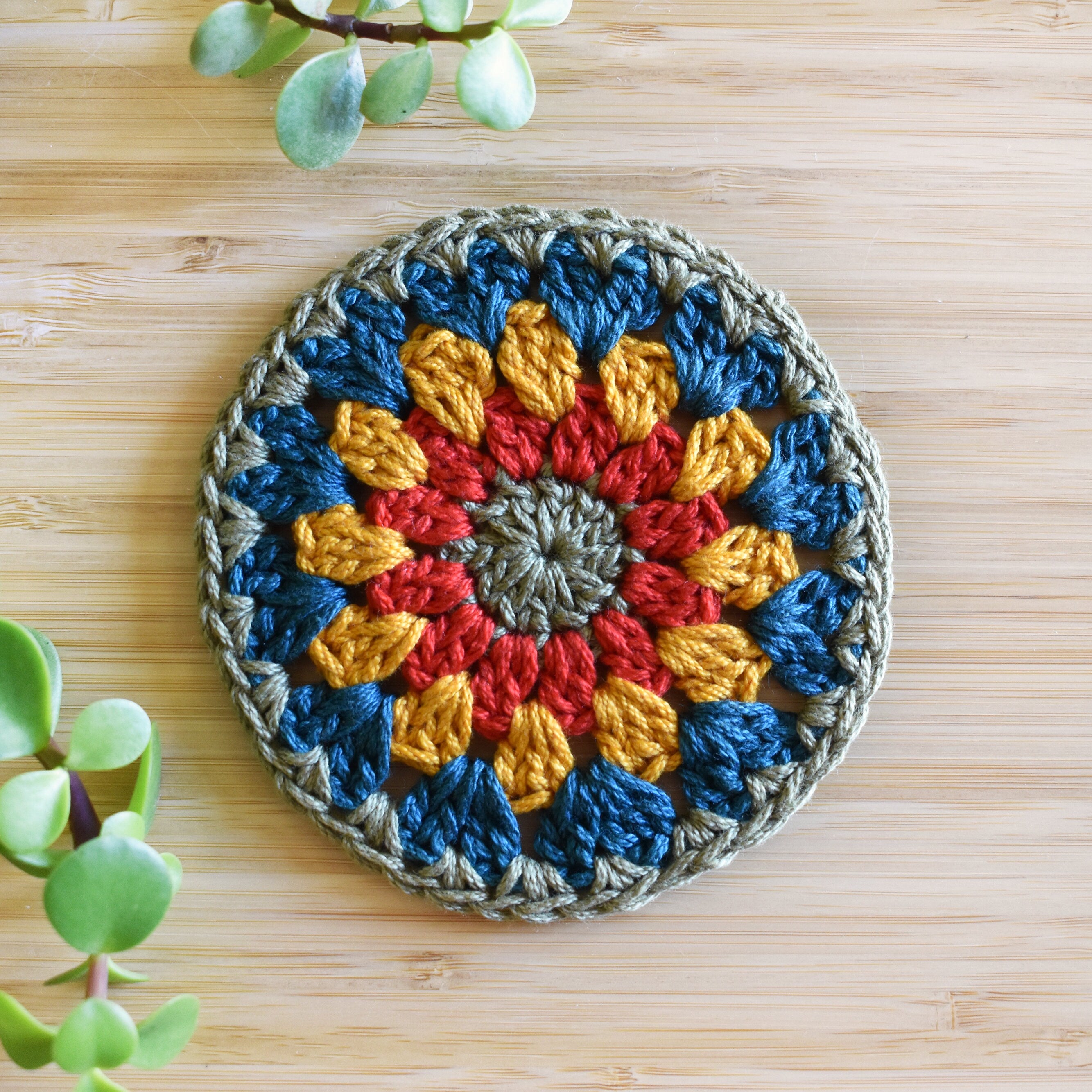Colorful crocheted granny sunburst circle coaster on a wooden surface with green plants.