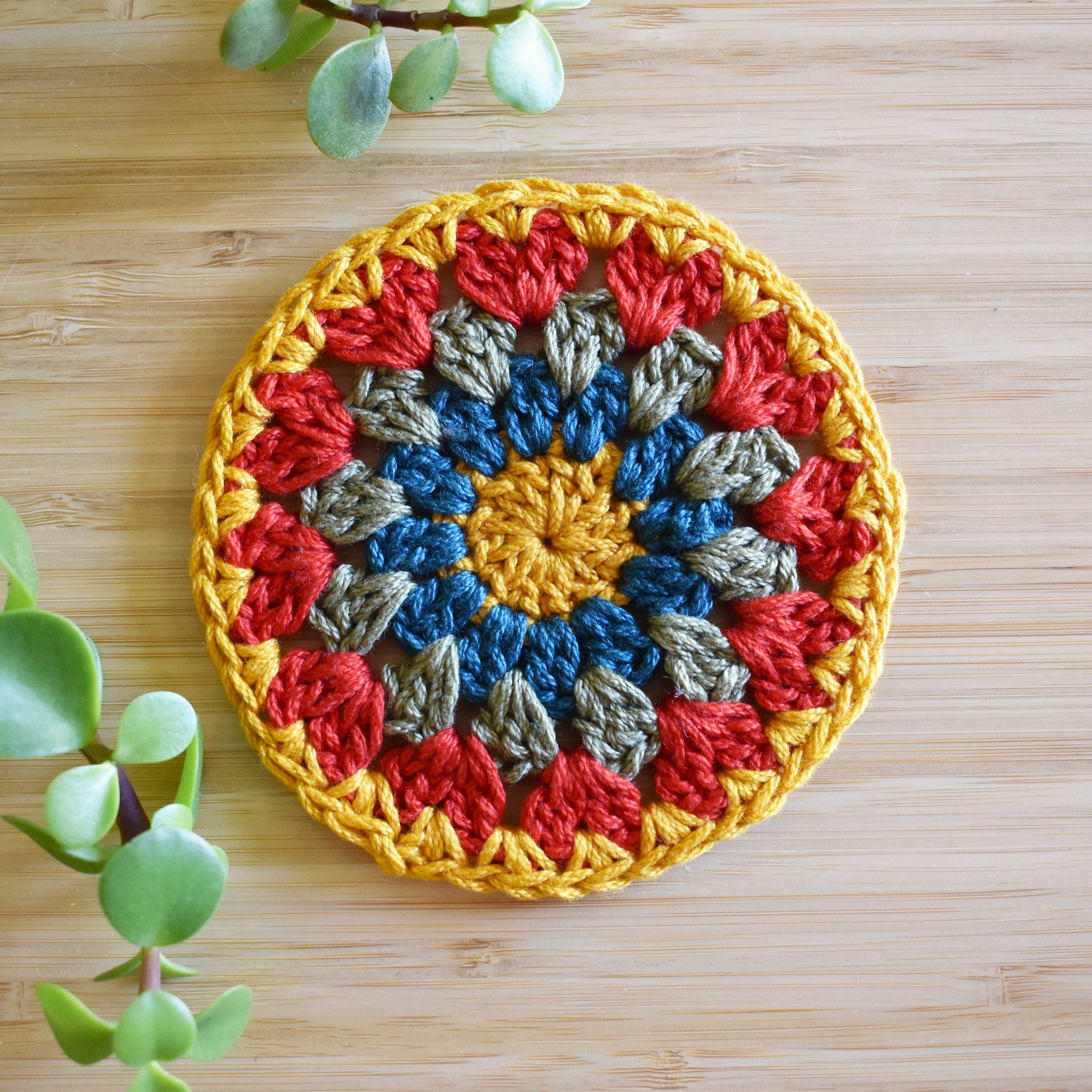 Colorful crocheted granny sunburst coaster on a wooden surface with green plants.