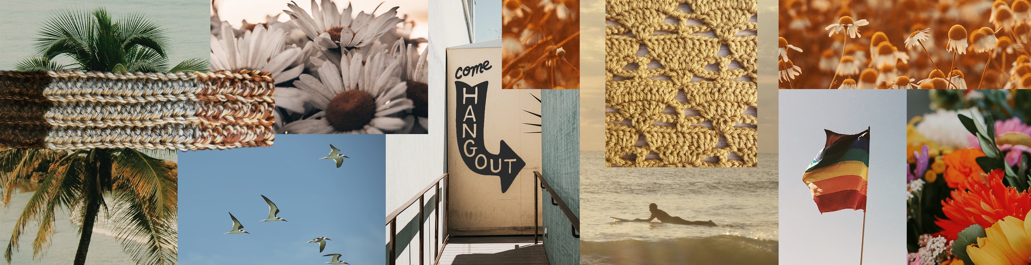 Homepage collage of various images, including a beach scene, flowers, a rainbow flag, and text that reads, 'Come Hangout'.